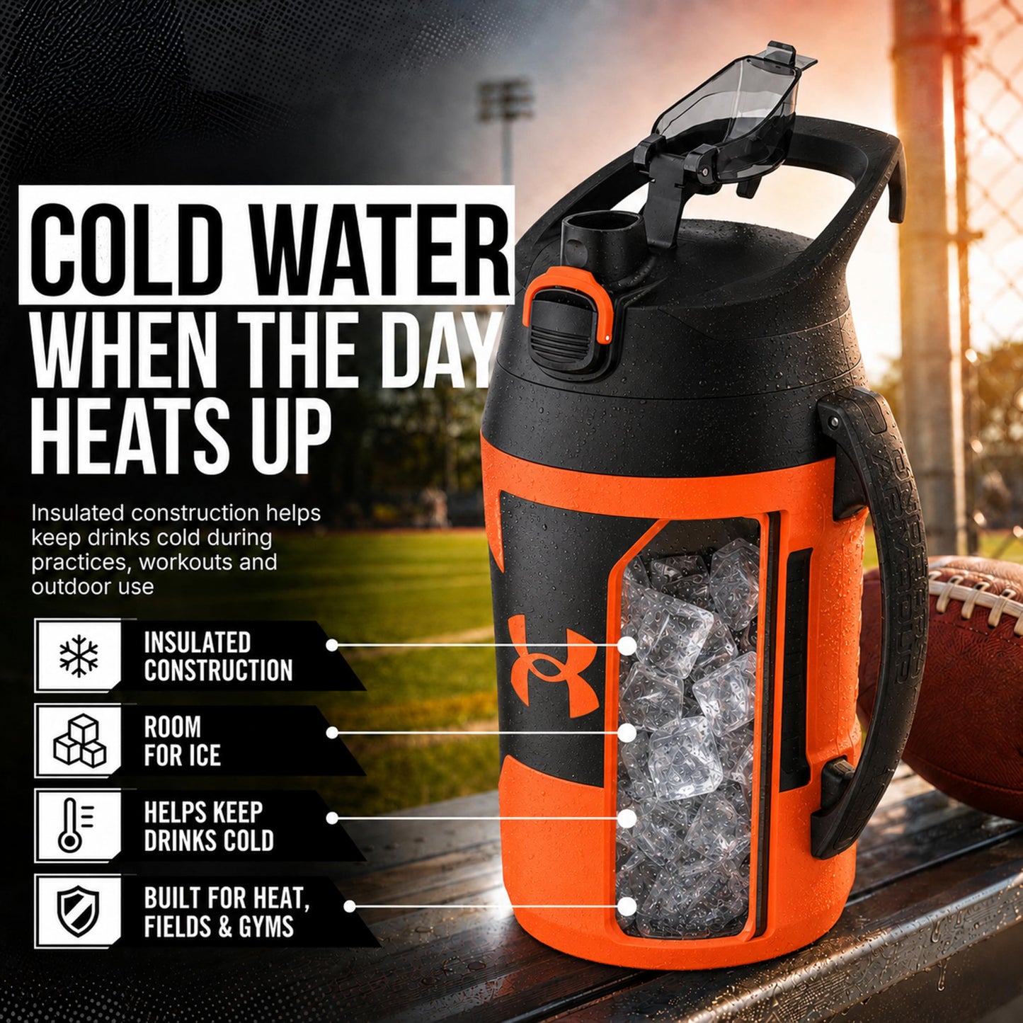 Under Armour Insulated Water Bottle with Handle & Fence Hook, Half Gallon Sports Water Jug