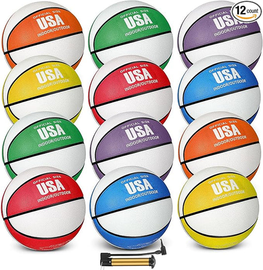 Lenwen 12 Pieces Rubber Basketball Bulk Official Size Basketball with Pump for Game Practice