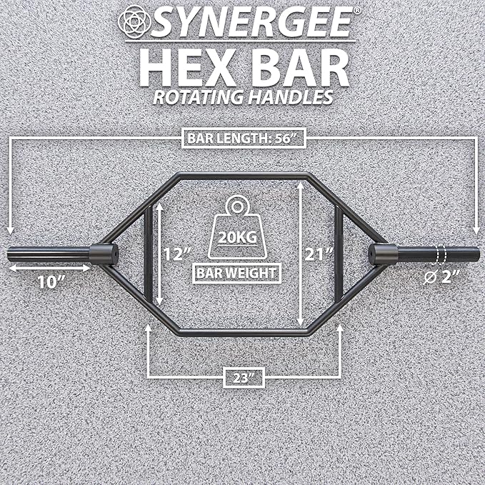 Synergee 20kg and 25kg Chrome or Black Olympic Hex Barbell Trap Bar with Rotating, Flat or Raised Handles for Squats, Deadlifts, Shrugs.
