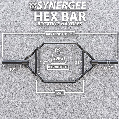 Synergee 20kg and 25kg Chrome or Black Olympic Hex Barbell Trap Bar with Rotating, Flat or Raised Handles for Squats, Deadlifts, Shrugs.
