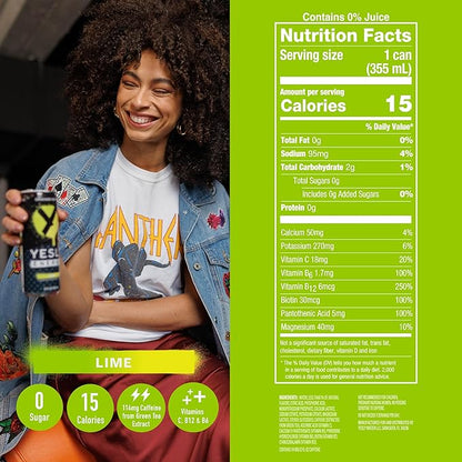 Yesly Energy Drink, Lime, Naturally Flavored Sparkling Energy Drink With Electrolytes, Magnesium, Potassium, Vitamin C, B6 & B12, Natural Caffeine From Green Tea, Zero Sugar, 12 Fl Oz Cans, 12 Pack