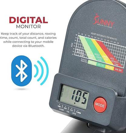 Sunny Health & Fitness Flip & Foldable Rowing Machine for Home w/Extended Slide Rail, Full-Body Workout, Low-Impact, Optional Extra Long Rail, Quiet Rail Cover, Water Motion and Free SunnyFit App