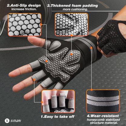 SIMARI Breathable Workout Gloves for Men Women, Padded Weight Lifting Gloves with Wrist Wraps