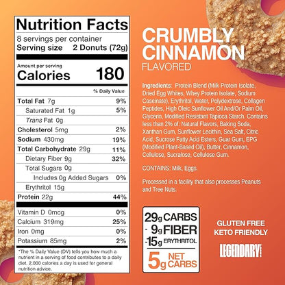 Legendary Foods 22gr Protein Donuts - Crumbly Cinnamon 8x (2 Donuts per Pack), High Protein, Zero Sugar, Gluten Free, Low Carb, Keto Friendly Snack, Healthy Donut for GLP-1, Diabetic, Bariatric Diets