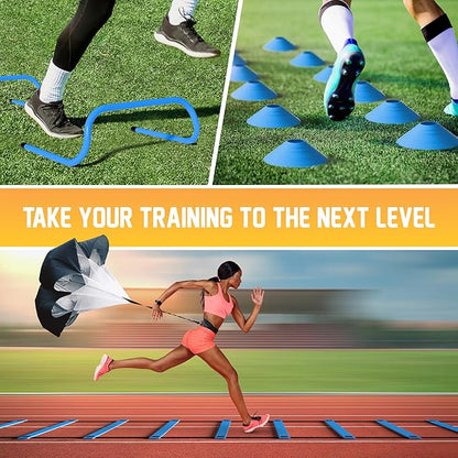 Yes4All Agility Ladder Speed Training Equipment Set - 1 Adjustable Agility Ladder, 12 Soccer Cones, 5 Hurdles, Jump Rope, Running Parachute - Speed & Agility Training Equipment for All Ages