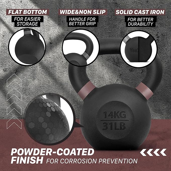 Yes4All Kettlebell, Heavy Duty Powder Coated Cast Iron Kettlebells, Non-Slip Handle & Flat Bottom for Conditioning, Strength Training & Full Body Exercises at Home Gym - Single & Pair