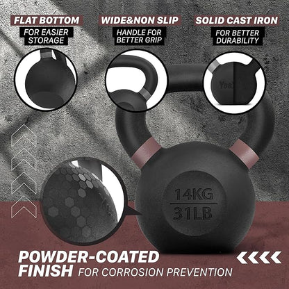 Yes4All Kettlebell, Heavy Duty Powder Coated Cast Iron Kettlebells, Non-Slip Handle & Flat Bottom for Conditioning, Strength Training & Full Body Exercises at Home Gym - Single & Pair