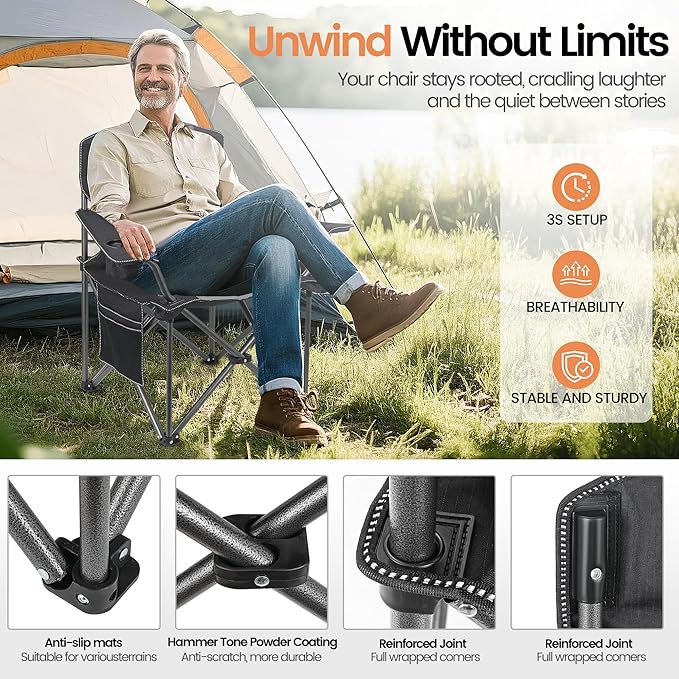 2 Pack Heavy Duty Oversized Camping Chair for Adults 400lbs w/Lumbar Support - Folding Chairs with Side Pocket, Cup Holder & Cooler Bag for Beach, Fishing, Lawn, Backyard Black