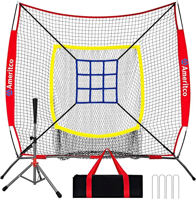 Baseball Net，7x7ft Baseball Practice Net with Tee and Target, Large Pocket Sports net for Hitting/Batting/Pitching/Throwing,Scratch Resistant Base,Indoor/Outdoor Versatile Use for All Levels