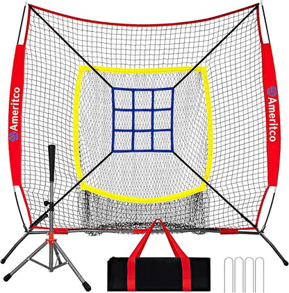 Baseball Net，7x7ft Baseball Practice Net with Tee and Target, Large Pocket Sports net for Hitting/Batting/Pitching/Throwing,Scratch Resistant Base,Indoor/Outdoor Versatile Use for All Levels