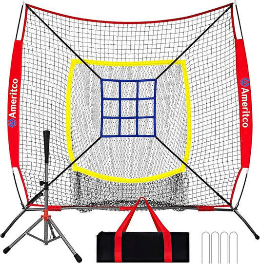 Baseball Net，7x7ft Baseball Practice Net with Tee and Target, Large Pocket Sports net for Hitting/Batting/Pitching/Throwing,Scratch Resistant Base,Indoor/Outdoor Versatile Use for All Levels
