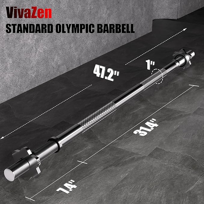 47 inch Olympic Barbell Bar - 1 inch Standard Weight Lifting Bar for Home Gym Strength Training - 480 LB Capacity for Bench Press, Squat, Deadlift, Hip Thrust, Lunge - Includes 2 Star Locknuts