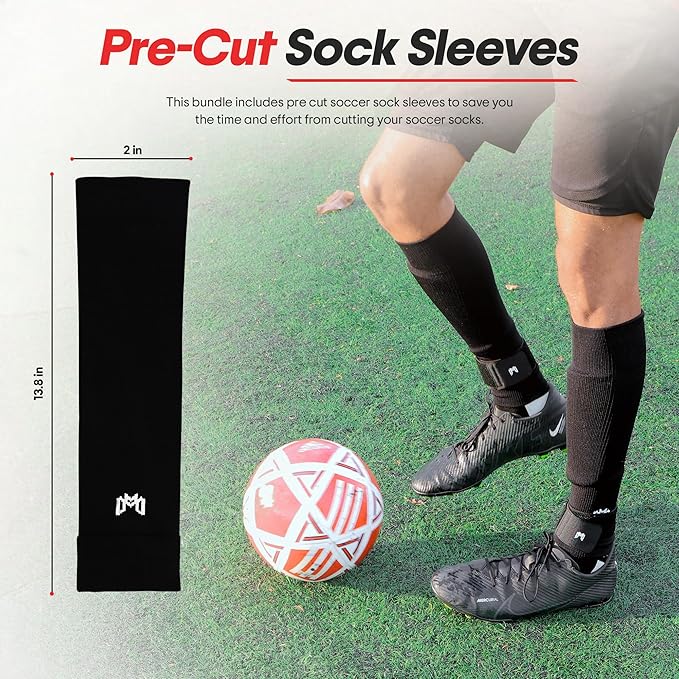 Soccer Grip Socks, Shin Guards, Pre Cut Sock Sleeves, and Guard Straps Bundle Pack - Essential Equipment for Soccer Players - for Mens, Women, Youth, Size 7 to 12 US Men Shoe Size