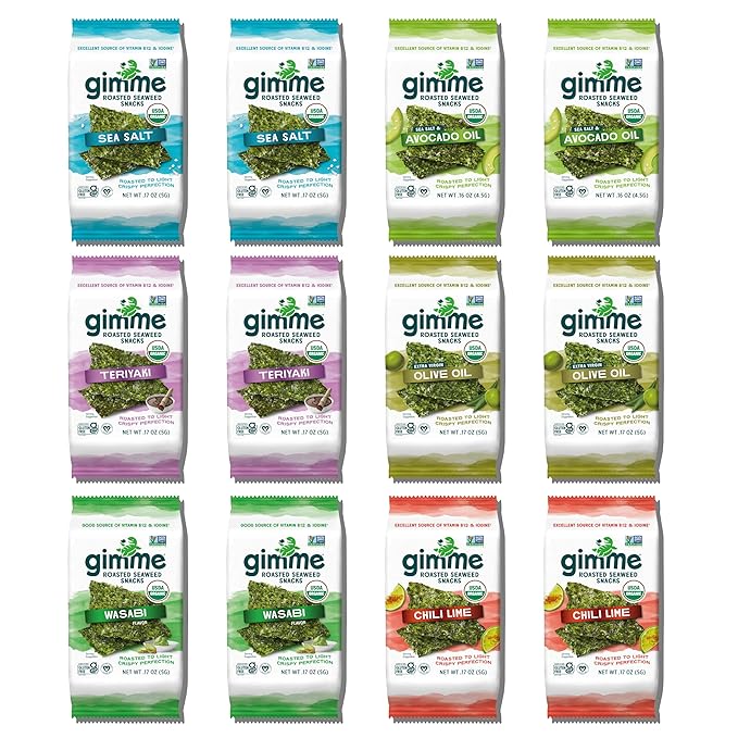 Gimme Seaweed Organic Premium Roasted Seaweed Snacks, New 6 Flavor Variety Pack, 12 Count (2 Each) Keto, Vegan, Gluten-Free, Source of Omega3s and Iodine, Healthy On-The-Go Snack for Kids and Adults