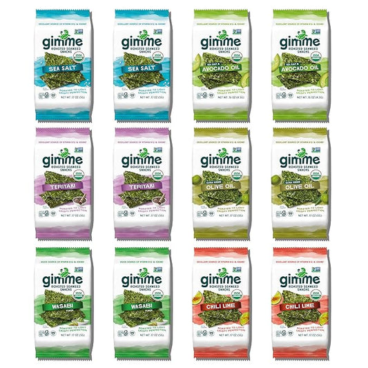 Gimme Seaweed Organic Premium Roasted Seaweed Snacks, New 6 Flavor Variety Pack, 12 Count (2 Each) Keto, Vegan, Gluten-Free, Source of Omega3s and Iodine, Healthy On-The-Go Snack for Kids and Adults