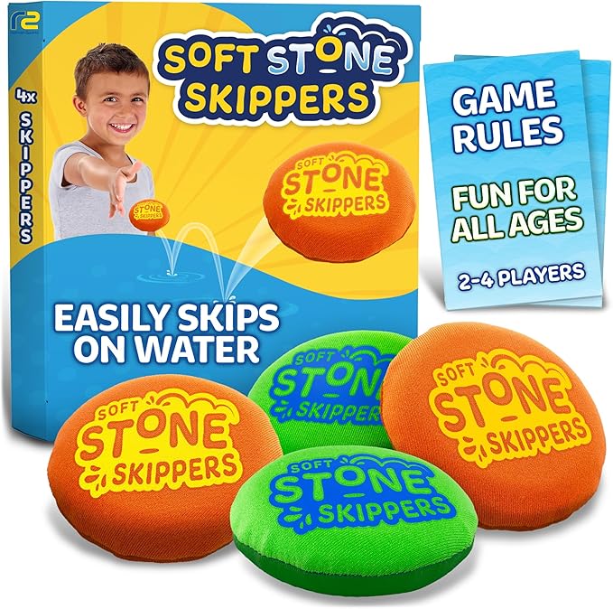Soft Stone Skippers Game – Fun Pool Toys for Kids All Ages - 4 Pack Water Skipping Discs Set – Best Beach Games Gifts for Boys & Girls Ages 5 6 7 8 9 10 11 + Year Old - Water Bouncing Skip Ball Toy