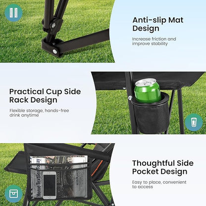 HIGH POINT SPORTS Oversized Folding Camping Chairs for Adults, High Backrest Heavy Duty Lawn Chairs Support 500 LBS Portable Collapsible Camp Chairs with Cup Holders,Side Pocket, Black