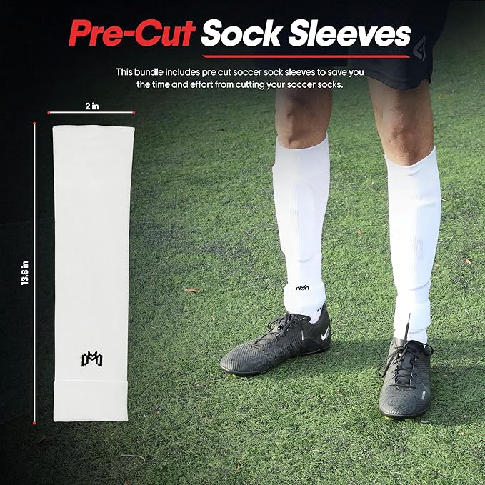Soccer Grip Socks, Shin Guards, Pre Cut Sock Sleeves, and Guard Straps Bundle Pack - Essential Equipment for Soccer Players - for Mens, Women, Youth, Size 7 to 12 US Men Shoe Size