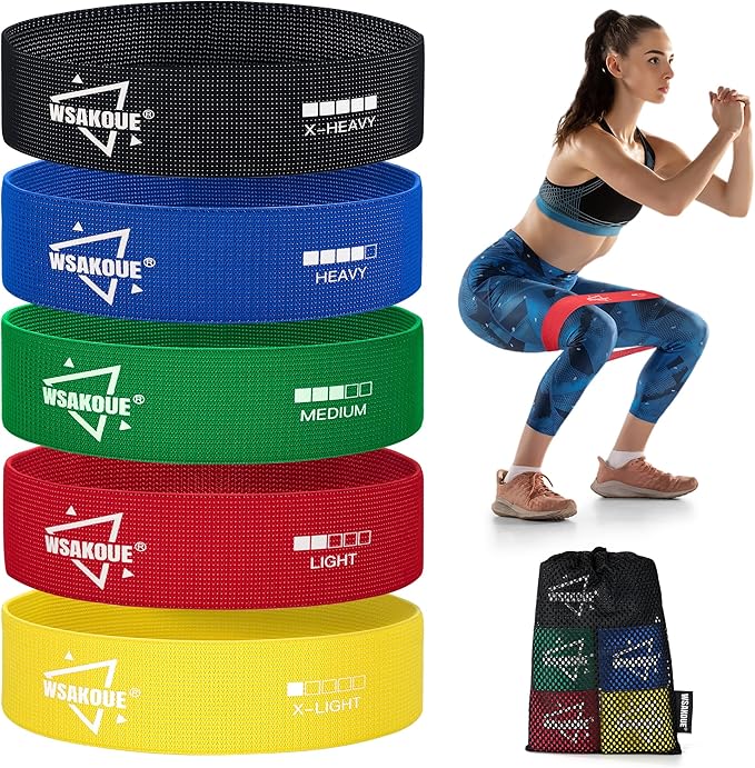 WSAKOUE Fabric Resistance Bands for Working Out – 5 Booty Bands for Women & Men, Exercise Workout Bands for Legs, HIPS & Glutes – Ideal for Home Fitness, Yoga, Pilates & Rehab