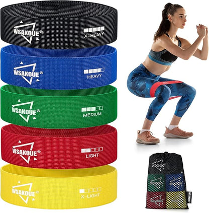 WSAKOUE Fabric Resistance Bands for Working Out – 5 Booty Bands for Women & Men, Exercise Workout Bands for Legs, HIPS & Glutes – Ideal for Home Fitness, Yoga, Pilates & Rehab