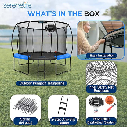 SereneLife 8FT 10FT 12FT 14FT Outdoor Trampoline for Kids and Adults – ASTM Certified Heavy-Duty Backyard Trampoline with Safety Poles, Net Enclosure, and Stable Anti-Rust Frame
