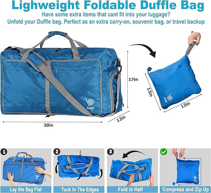 Bago Large Foldable Duffel Bags for Traveling Women & Men - 100L Packable Duffle Bag for Travel with Shoe Compartment - Water Repellant, Heavy Duty, Lightweight Folding & Collapsible (Blue)