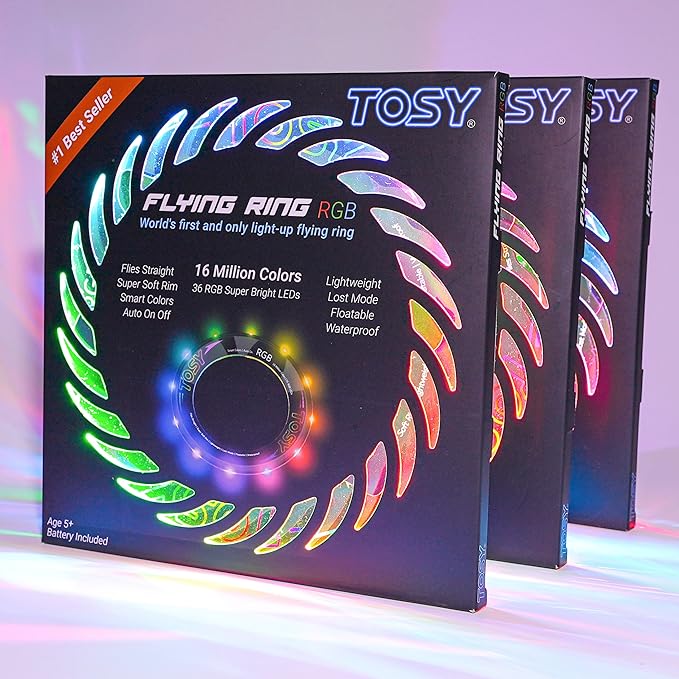 TOSY Flying Ring - 16 Million Color RGB or 12 LEDs, Super Bright, Lost Mode, Auto Light Up, Camping Essentials for Kids/Teens/Boy/Girl, Safe & Soft, Waterproof, Pool/Beach Games, Lightweight Toy