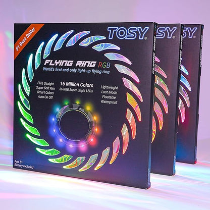 TOSY Flying Ring - 16 Million Color RGB or 12 LEDs, Super Bright, Lost Mode, Auto Light Up, Camping Essentials for Kids/Teens/Boy/Girl, Safe & Soft, Waterproof, Pool/Beach Games, Lightweight Toy
