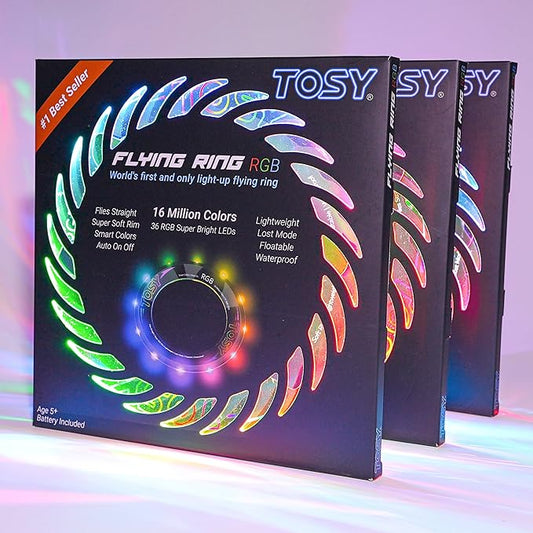 TOSY Flying Ring - 16 Million Color RGB or 12 LEDs, Super Bright, Lost Mode, Auto Light Up, Camping Essentials for Kids/Teens/Boy/Girl, Safe & Soft, Waterproof, Pool/Beach Games, Lightweight Toy