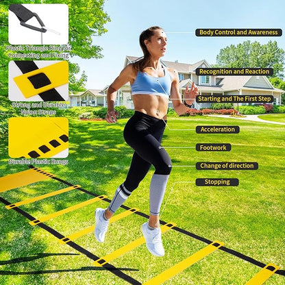 Speed Ladder Agility Ladder, Football Training Equipment Set-20feet 12 Rungs Speed Ladder,10 Disc Cones, Resistance Parachute, Jump Rope, 4 Resistance Bands