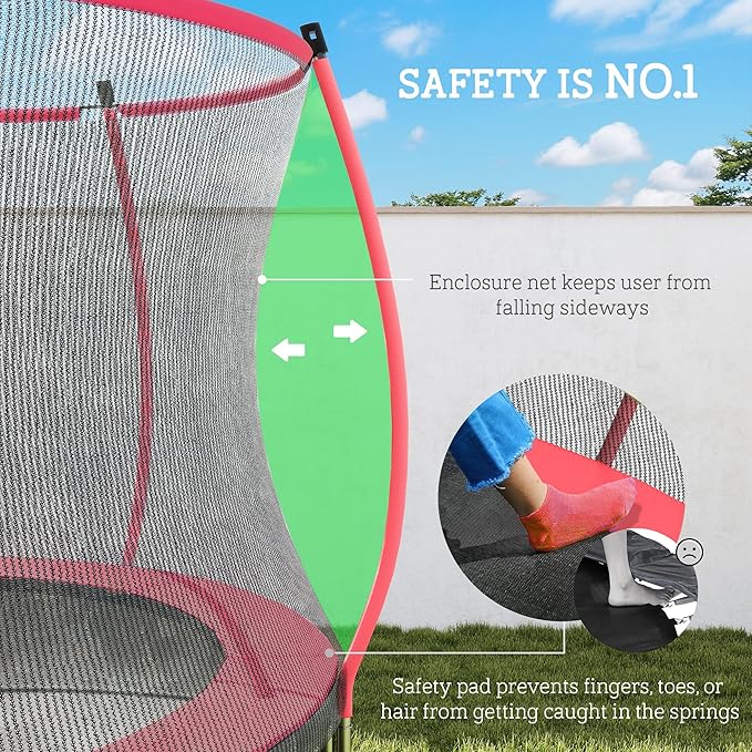 Soozier Trampoline Outdoor, Recreational Trampoline with Net Enclosure, Curved Poles and Safety Spring Cover for Kid Adults, ASTM Approved