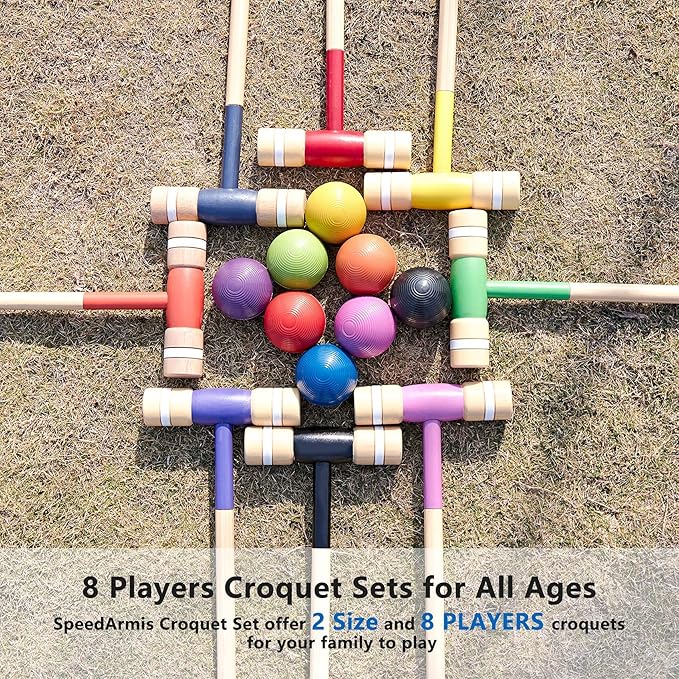 8 Players Croquet Set with 32In Regulation | 28In Standard Size Rubber Wood Mallets, Colored PE Ball, Wickets, 21In End Stakes - Lawn Backyard Game Kit for Teens/Adults/Family