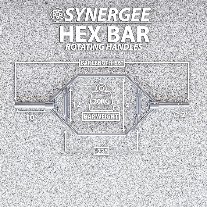 Synergee 20kg and 25kg Chrome or Black Olympic Hex Barbell Trap Bar with Rotating, Flat or Raised Handles for Squats, Deadlifts, Shrugs.