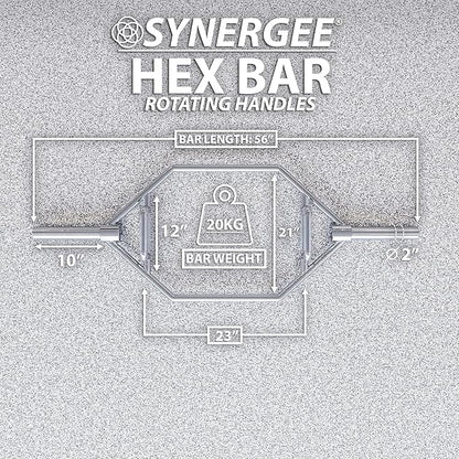 Synergee 20kg and 25kg Chrome or Black Olympic Hex Barbell Trap Bar with Rotating, Flat or Raised Handles for Squats, Deadlifts, Shrugs.