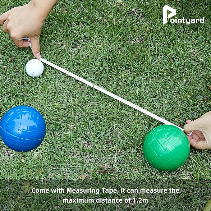 Pointyard 100mm Bocce Ball Set, Regulation Bocci Ball Set with 8 PE Bocce Balls/1 Pallino/Carrying Bag/Measuring Tape - Outdoor Family Bocce Game for Backyard/Lawn/Beach (Red,Blue,Green,Yellow)