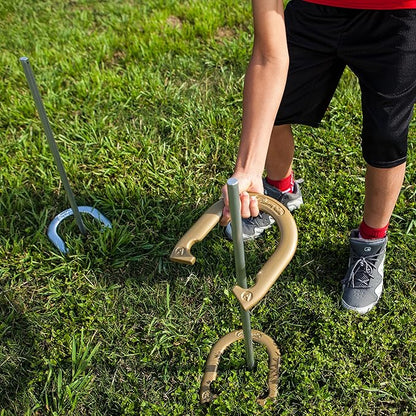 Champion Sports Horseshoe Set: Traditional Outdoor Lawn Game includes Four Professional Solid Steel Horseshoes with Solid Steel Stakes & Carrying Storage Case