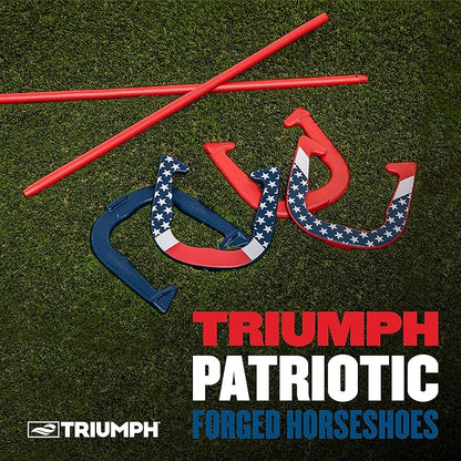Triumph Forged and Steel Horseshoe Set Complete with 4 Horseshoes, 2 Stakes - Patriotic or Blue and Grey Colors - Perfect Addition for Parties and Outdoor Gatherings