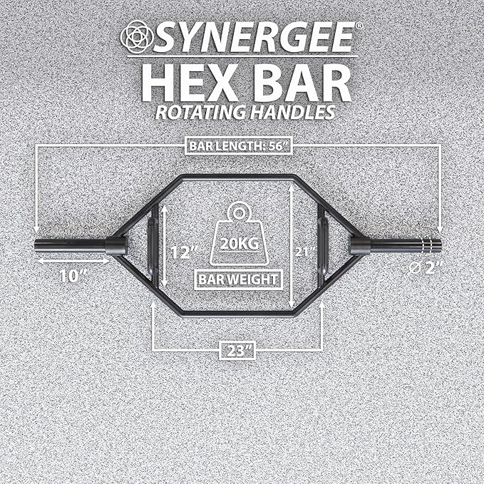 Synergee 20kg and 25kg Chrome or Black Olympic Hex Barbell Trap Bar with Rotating, Flat or Raised Handles for Squats, Deadlifts, Shrugs.