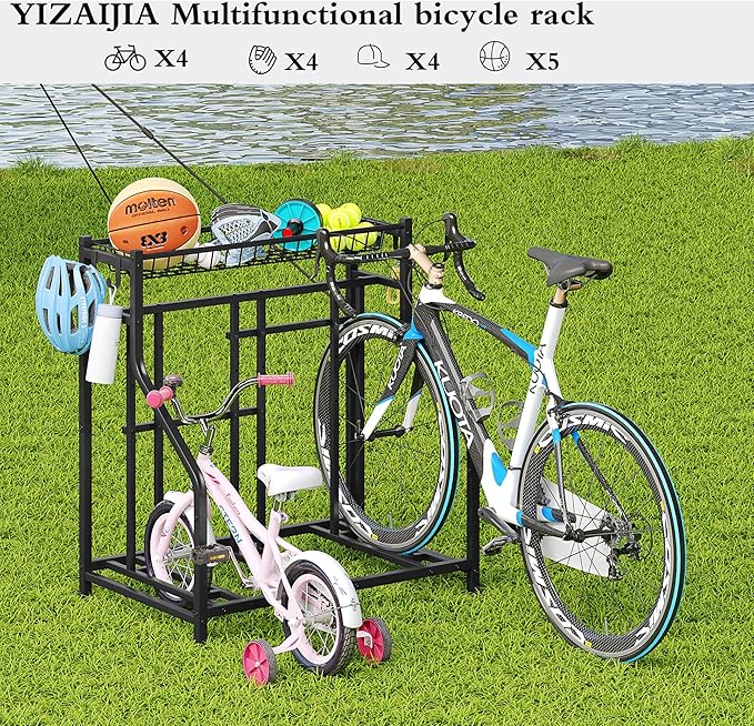 Bike Rack Storage Stand Organizer Floor Holds 3 Bicycle Parking Freestanding Adjustable Garage Indoor Outdoor Bike and Sports Storage Station, Black (3 Bike Stand)
