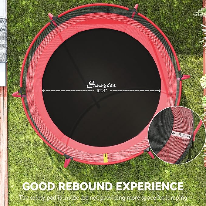 Soozier Trampoline Outdoor, Recreational Trampoline with Net Enclosure, Curved Poles and Safety Spring Cover for Kid Adults, ASTM Approved