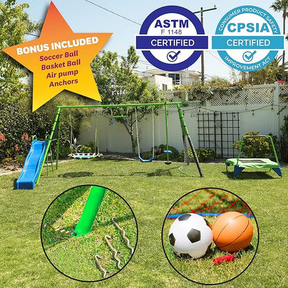 Sports Outdoor 8 Station Playground Set, Includes Swing Set, Slide, Monkey Bars, Basketball Hoop, Trampoline, Soccer and Basketball + Pump, Green