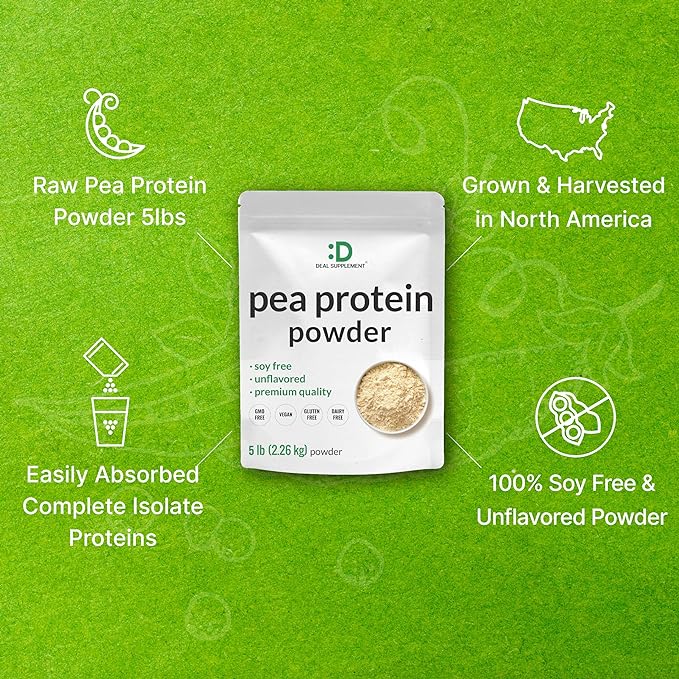 Unflavored Pea Protein Powder, 5lbs ??Premium North American Grown Peas ??Easily Digested Isolate Form ??Great for Shakes, Bars, or Snacks ??27g Protein Serving, Soy Free, Vegan