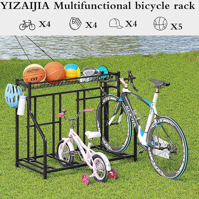 Bike Rack Storage Stand Organizer Floor Holds 4 Bicycle Parking Freestanding Adjustable Garage Indoor Outdoor Bike and Sports Storage Station, Black (4 Bike Stand)